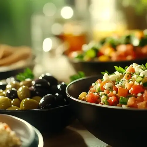 A vibrant assortment of healthy dinner recipes including fresh tomato salad with feta cheese, olives, and colorful vegetables served in black bowls on a rustic table