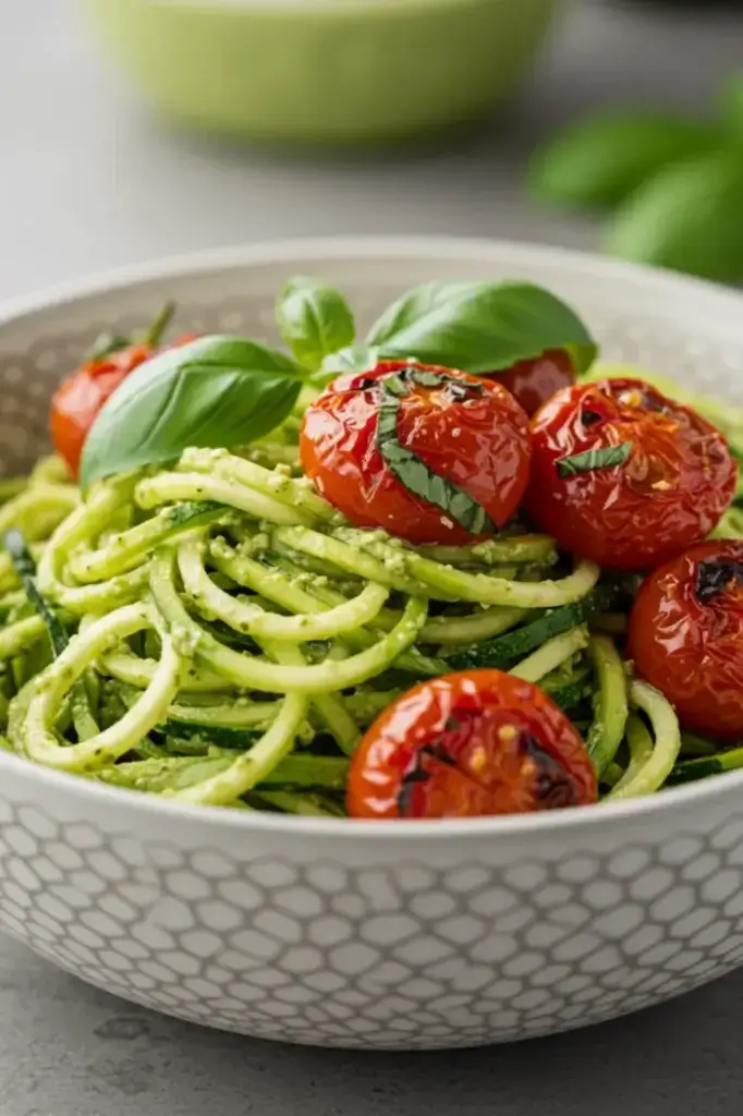 Healthy zucchini noodles with creamy avocado pesto sauce, topped with roasted cherry tomatoes and fresh basil leaves