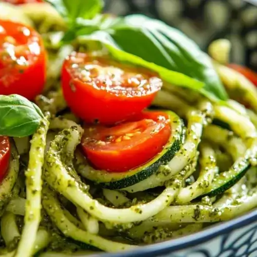 Healthy zucchini noodles with fresh cherry tomatoes and basil, coated in creamy avocado sauce