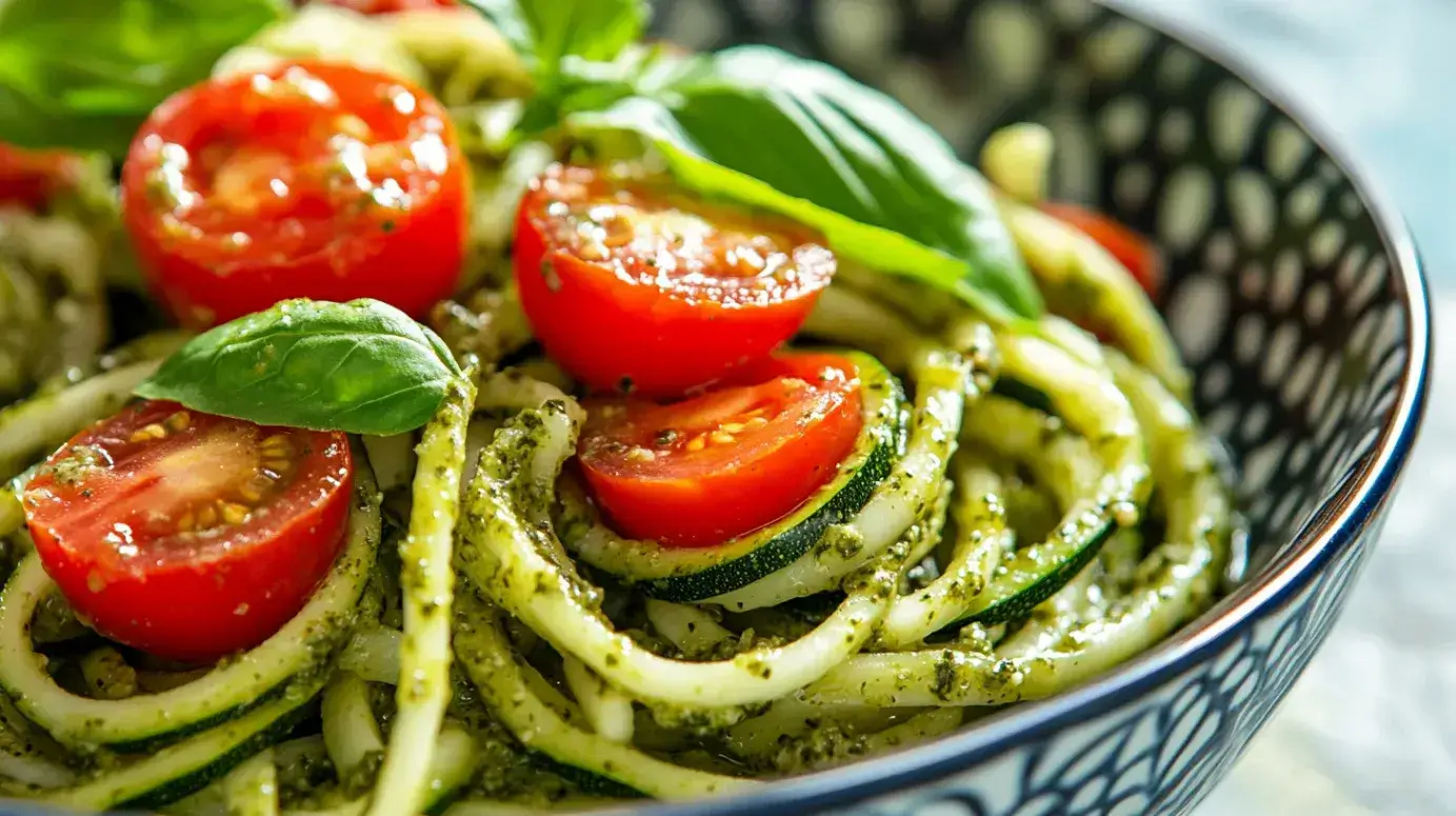 Healthy zucchini noodles with fresh cherry tomatoes and basil, coated in creamy avocado sauce