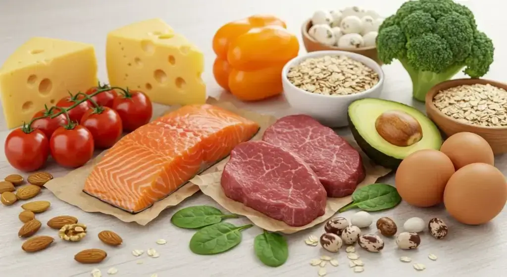 Foods that help you lose weight naturally, including salmon, avocado, oats, lean meat, eggs, and fresh vegetables.