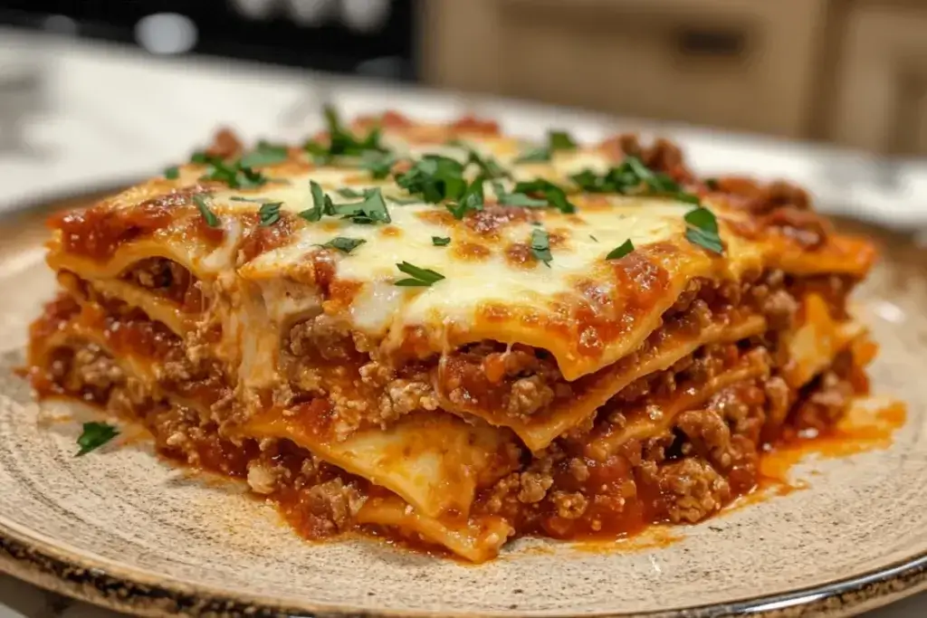 A steaming plate of homemade meat lasagna with layers of ground beef, rich marinara sauce, and gooey mozzarella cheese, fresh from the oven.