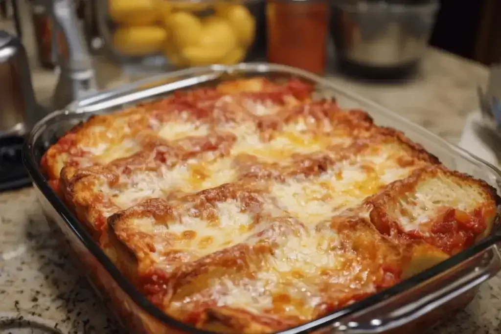 A close-up of bread lasagna with layers of soft bread soaked in marinara sauce, creamy ricotta, and gooey melted cheese, served on a wooden table