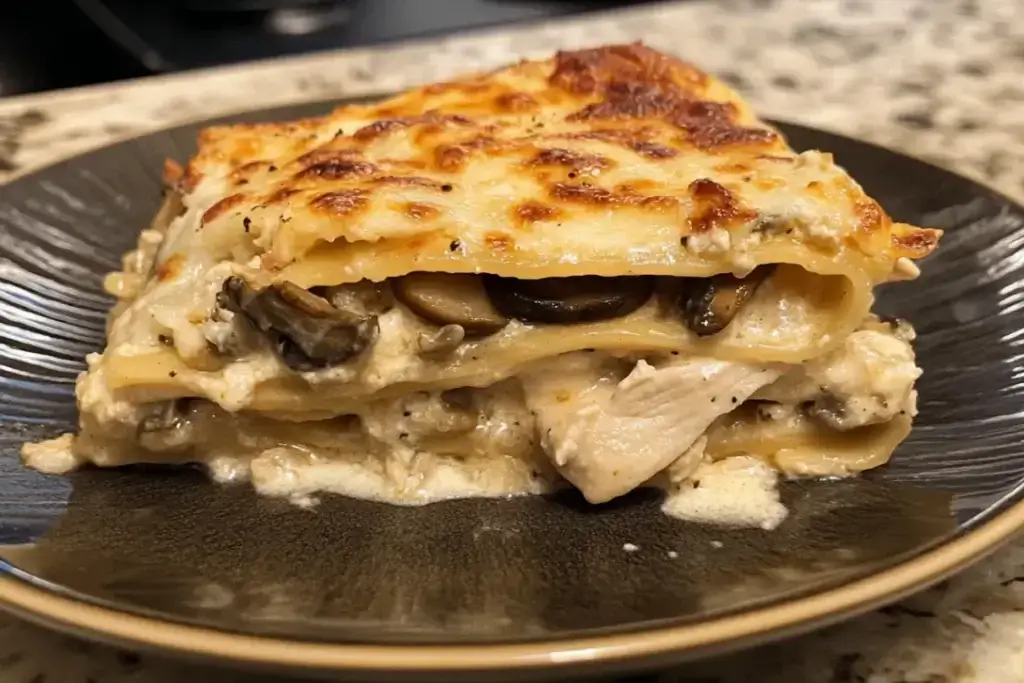 A close-up of a golden-baked chicken and mushroom lasagna with velvety béchamel sauce, tender chicken pieces, and bubbling cheese