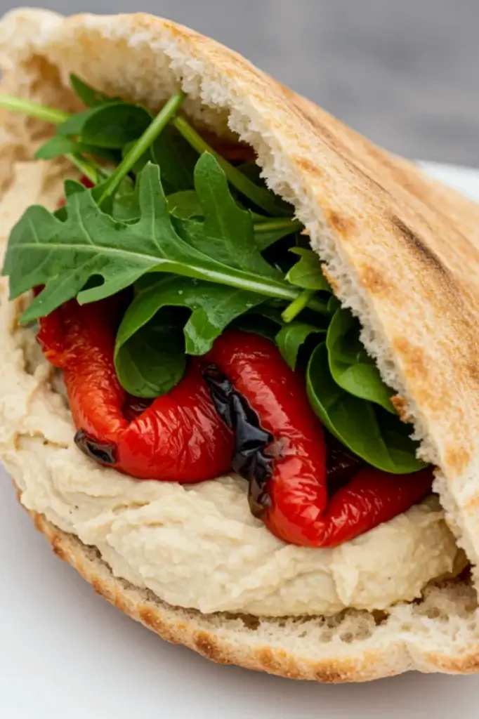 Hummus and roasted red pepper filling in a pita bread pocket.