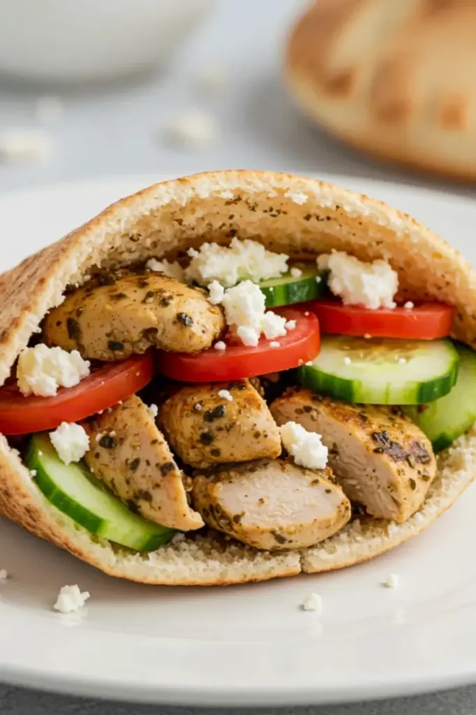 Greek Chicken pita bread pocket with grilled chicken, cucumbers, tomatoes, and feta.