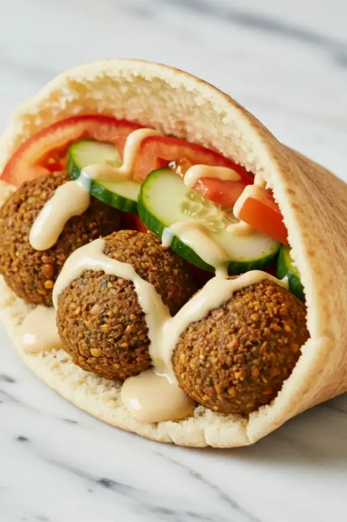 Falafel pita bread wrap with falafel, tomatoes, cucumbers, and tahini sauce.