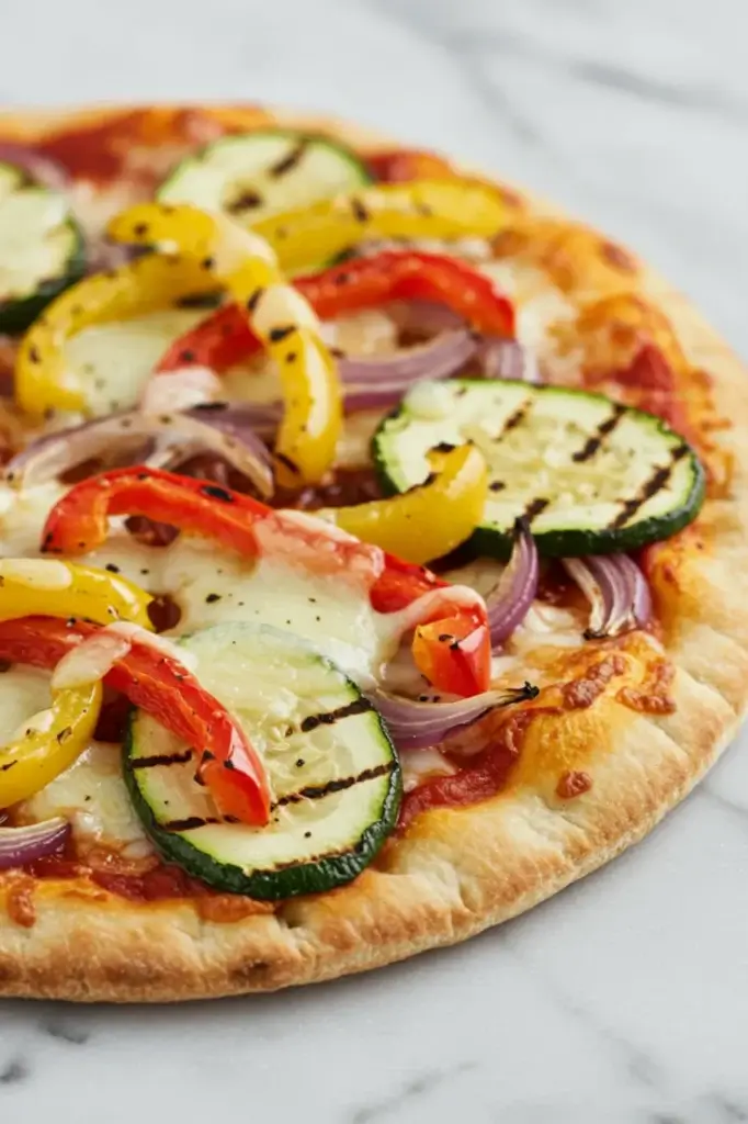 Grilled veggie pita bread pizza with vegetables and melted mozzarella.