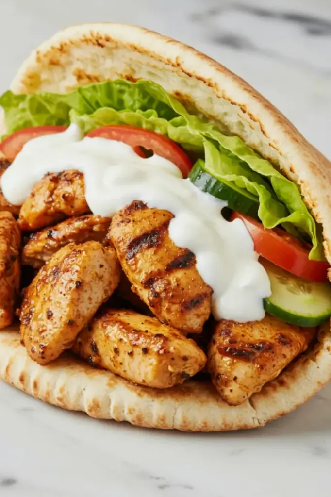 Grilled Chicken Shawarma pita bread pocket with fresh vegetables and a creamy yogurt sauce