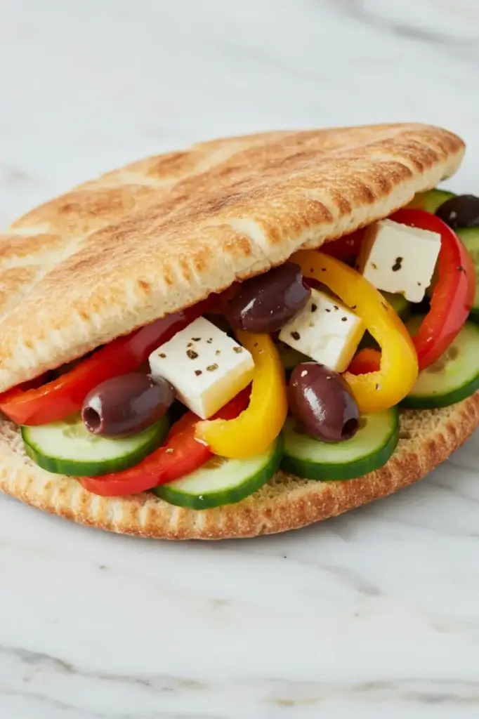 A colourful vegetarian Mediterranean pita bread pocket filled with olives, peppers, cucumbers, and feta cheese.