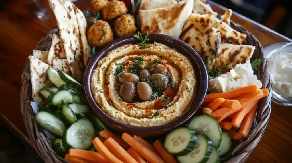 A Mediterranean mezze platter featuring a bowl of hummus surrounded by warm pita bread, fresh vegetables, kalamata olives, falafel, feta cheese, and grilled halloumi