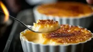 Close-up of a creamy Crab Brûlée with a spoon scooping into its silky custard. Another shot captures a chef using a torch to caramelize the sugar on top.