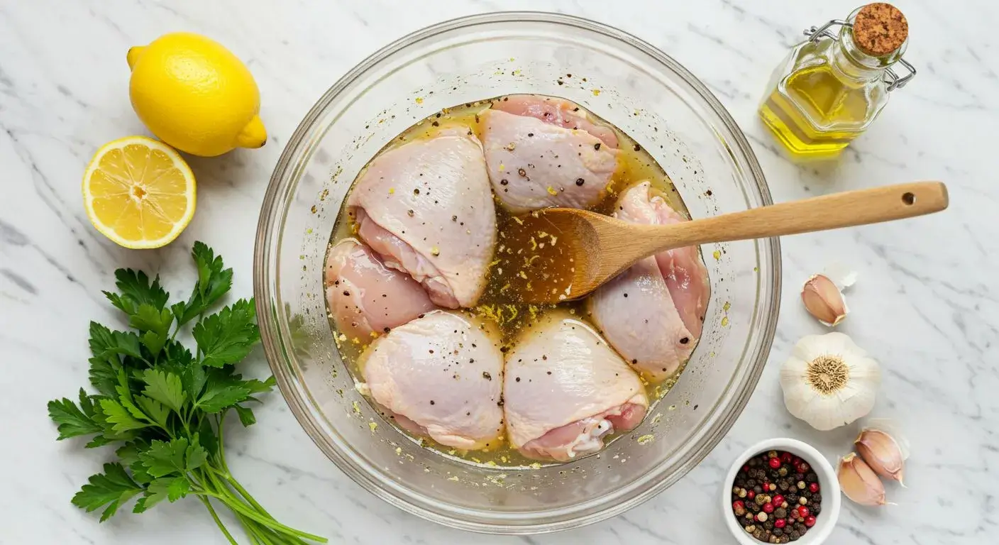 Chicken thighs marinating in homemade Lemon Pepper Chicken Marinade with lemon, garlic, peppercorns, and olive oil.