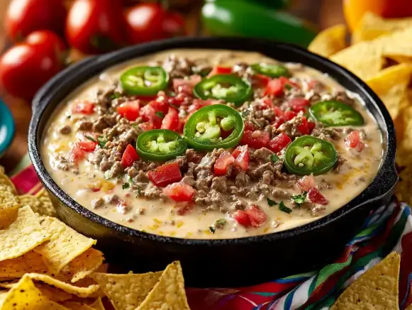 Beef Queso Dip served with tortilla chips