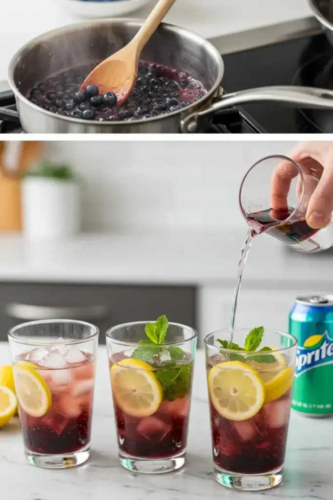 Step-by-step preparation of Blueberry Lemonade Sprite showing blueberry syrup boiling in a saucepan and lemonade being mixed in a pitcher