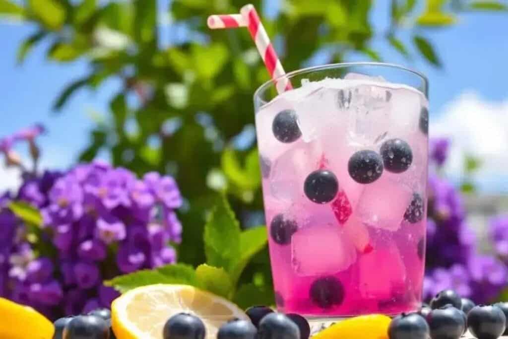 A glass of Blueberry Lemonade Sprite with ice cubes, fresh blueberries, and a lemon slice, set against a colorful summer background.