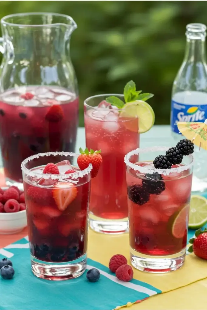 Variations of Blueberry Lemonade Sprite including strawberry-raspberry mix, blackberry tonic water version, and cocktail served in unique glasses.