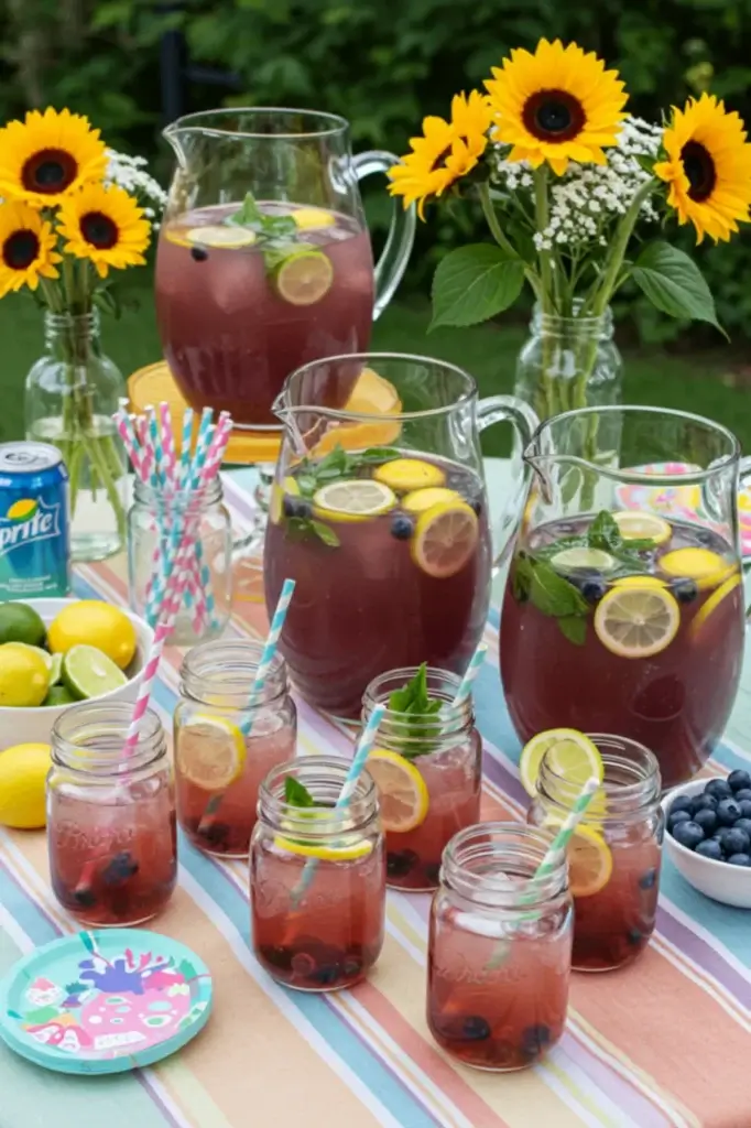 Blueberry Lemonade Sprite served in large pitchers with garnished glasses on a summer-themed table setup.