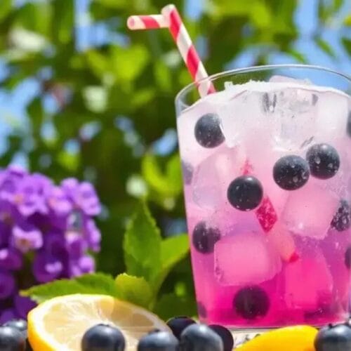 A glass of Blueberry Lemonade Sprite with ice cubes, fresh blueberries, and a lemon slice, set against a colorful summer background.