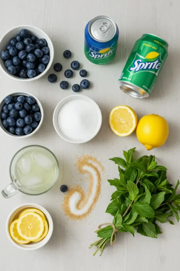 Fresh ingredients for Blueberry Lemonade Sprite including blueberries, sugar, lemonade concentrate, Sprite, and mint leaves on a wooden table