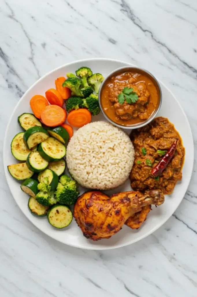 A plate of brown basmati rice served with grilled chicken, sautéed zucchini, broccoli, carrots, and two types of curry garnished with cilantro and red chili.