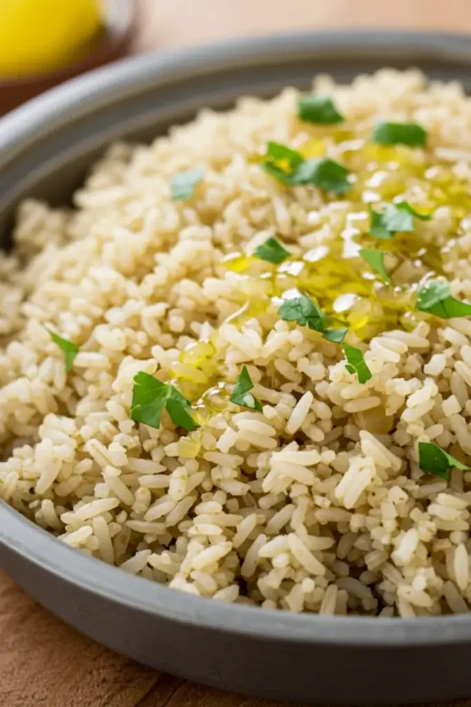 Bowl of cooked Brown Basmati Rice drizzled with olive oil and garnished with parsley