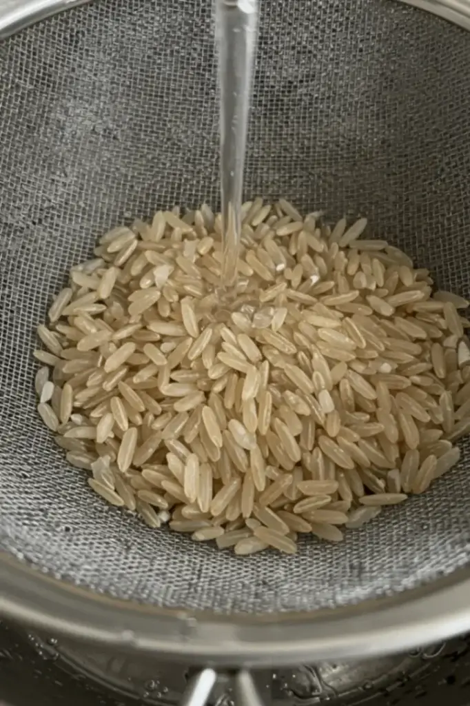 Uncooked Brown Basmati Rice being rinsed in a mesh strainer under running water
