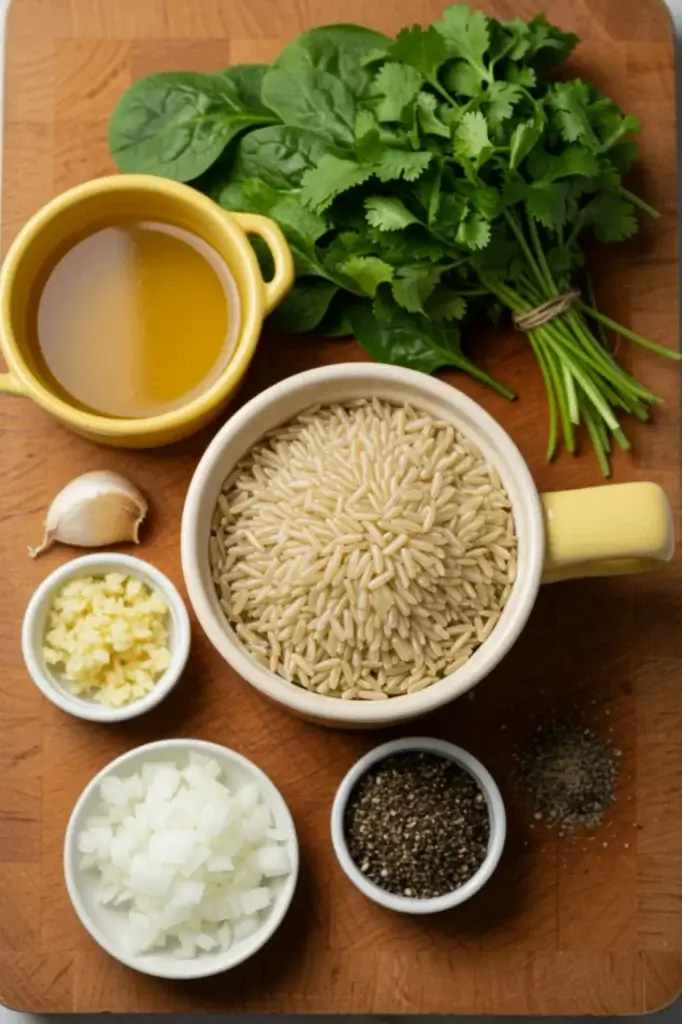 Ingredients for a recipe including Brown Basmati Rice, broth, spinach, cilantro, garlic, onion, and spices, laid out on a wooden board