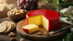 A circular Red Rind Hoop Cheese with a vibrant red rind, sliced to reveal its creamy yellow interior on a cheeseboard