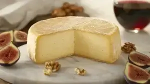 Aged Plymouth cheese with a waxed rind, slightly crumbly texture, and golden hue. Placed on a slate board with walnuts, dried fruits, and red wine, capturing the essence of American artisan cheese