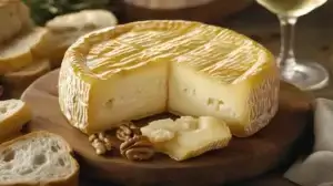 Golden-hued Buttercups cheese with a smooth, creamy interior and waxed rind. Arranged with fresh baguette slices, roasted nuts, and a glass of white wine for a luxurious cheese tasting experience