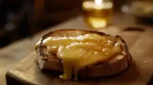 Melted Stew Jack cheese with a golden-yellow hue and waxed rind, oozing over a toasted sandwich. A rustic and inviting cheese perfect for grilled cheese lovers and comfort food enthusiasts