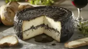 Shelburne cheese wheel with a thick wax rind, aged to perfection with a crumbly yet creamy interior. Served with fresh bread, balsamic glaze, and red wine on a stone countertop, showcasing artisanal craftsmanship