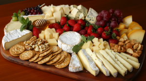 Elegant cheese board featuring an assortment of American waxed cheeses, crackers, fresh fruits, honey, and nuts. A visually appealing gourmet spread perfect for entertaining and cheese lovers.