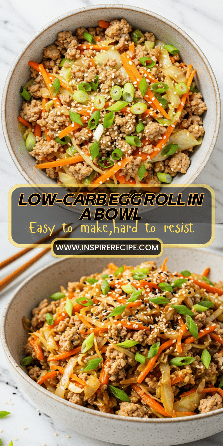 Bowl of low-carb egg roll filling with ground meat, cabbage, carrots, green onions, and sesame seeds.