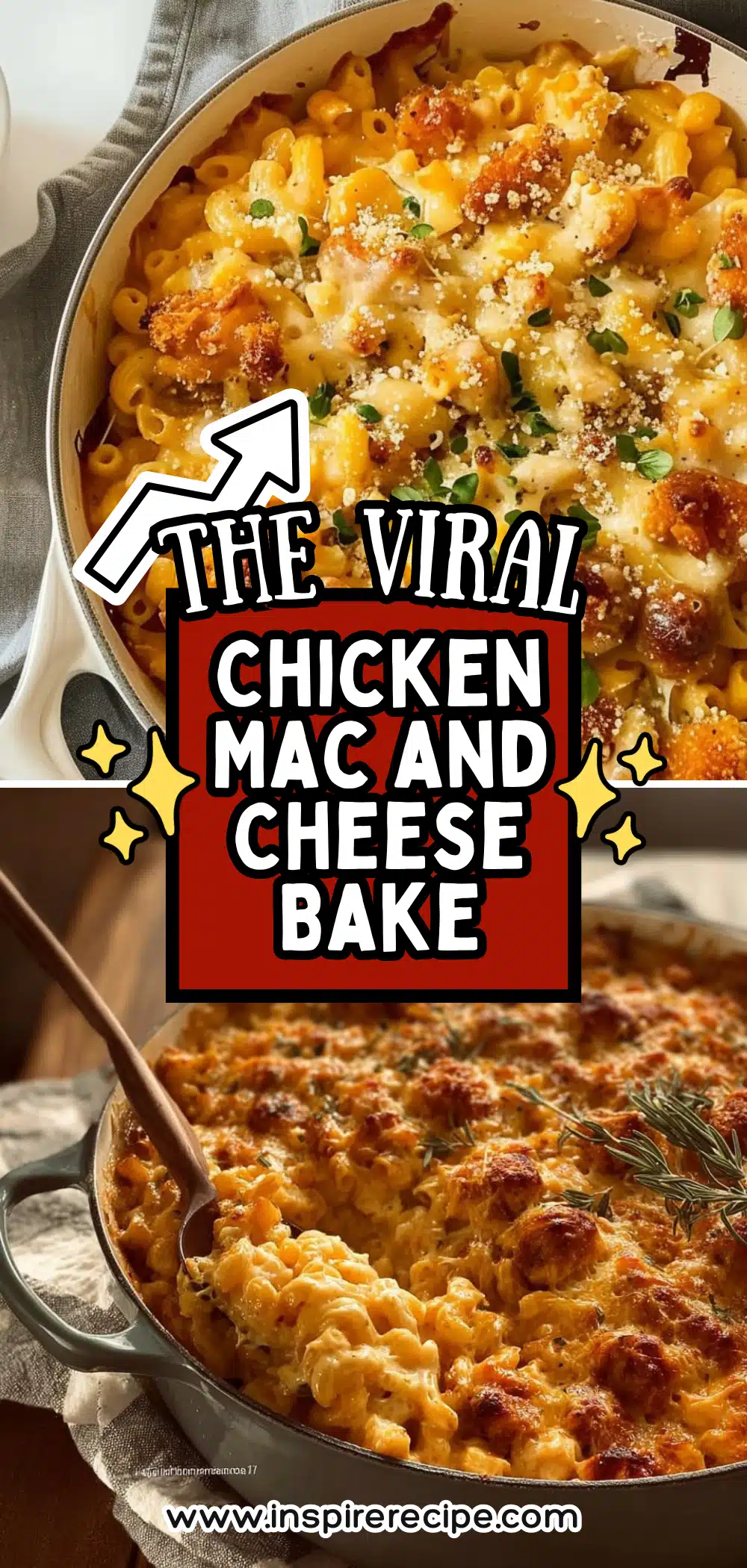 Baked macaroni and cheese with crispy chicken pieces, golden cheese crust, and herbs in a casserole.