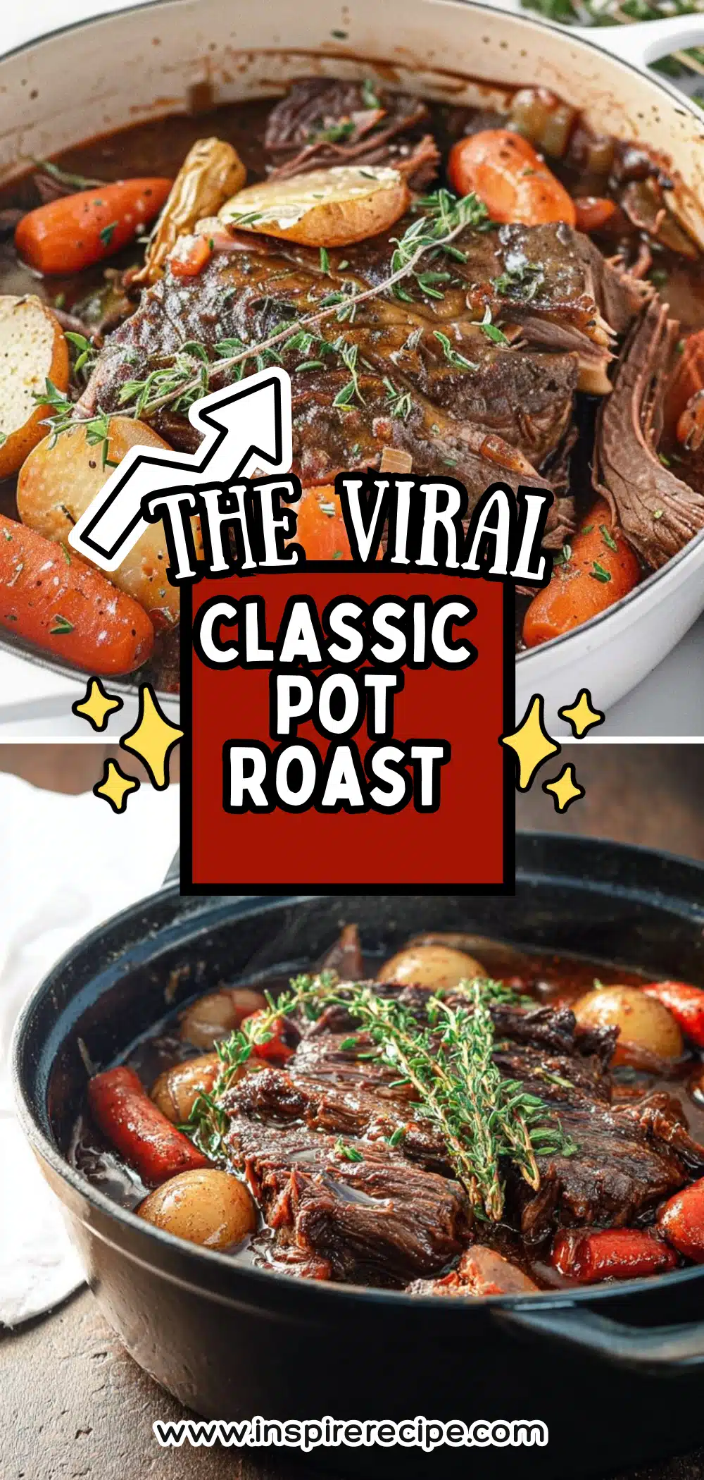 Tender braised beef roast with carrots, potatoes, and herbs in a Dutch oven.
