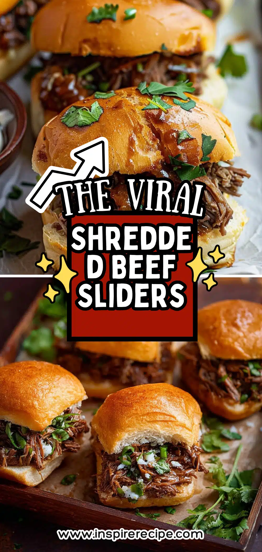Soft slider buns filled with juicy shredded beef and fresh herbs on a tray.