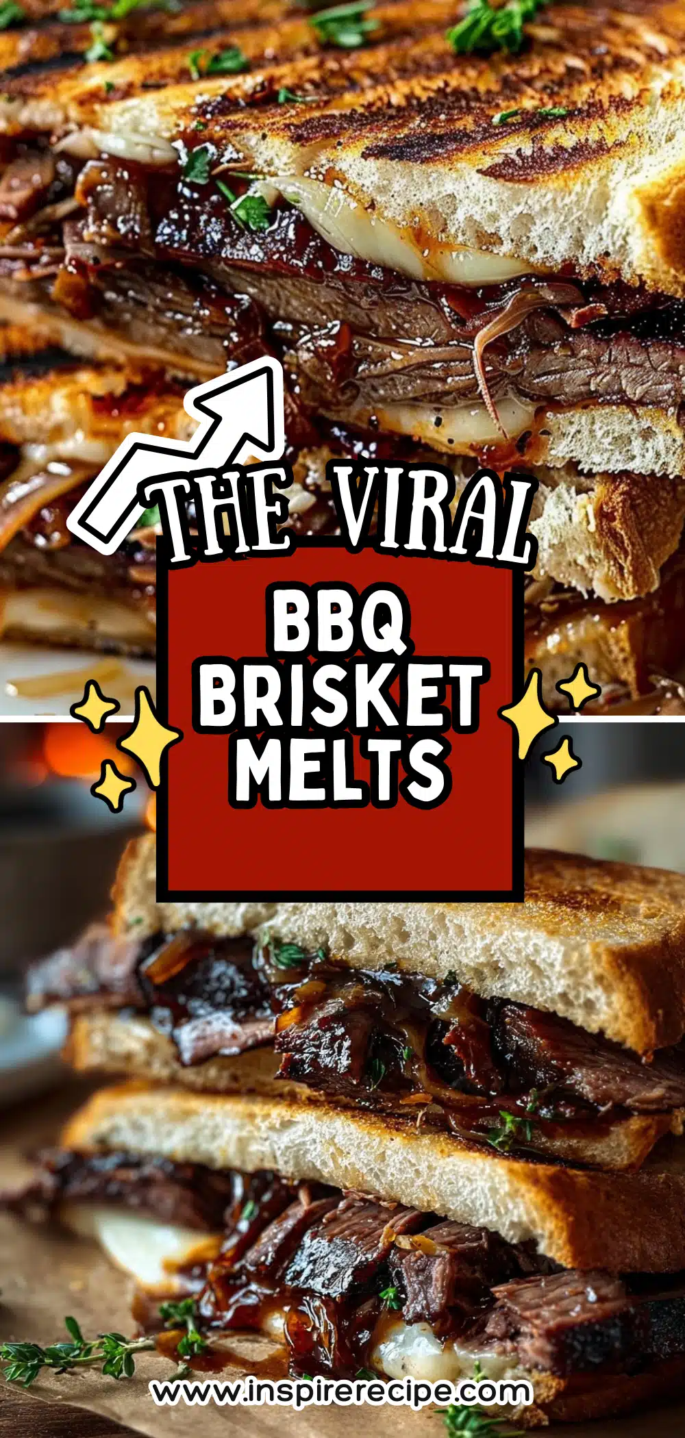 Toasted sandwich halves filled with juicy BBQ brisket and melted cheese.