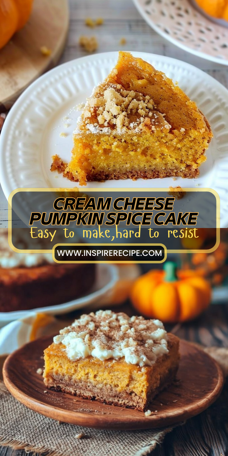 Slices of pumpkin spice cake with cream cheese topping and crumb streusel on white plates.
