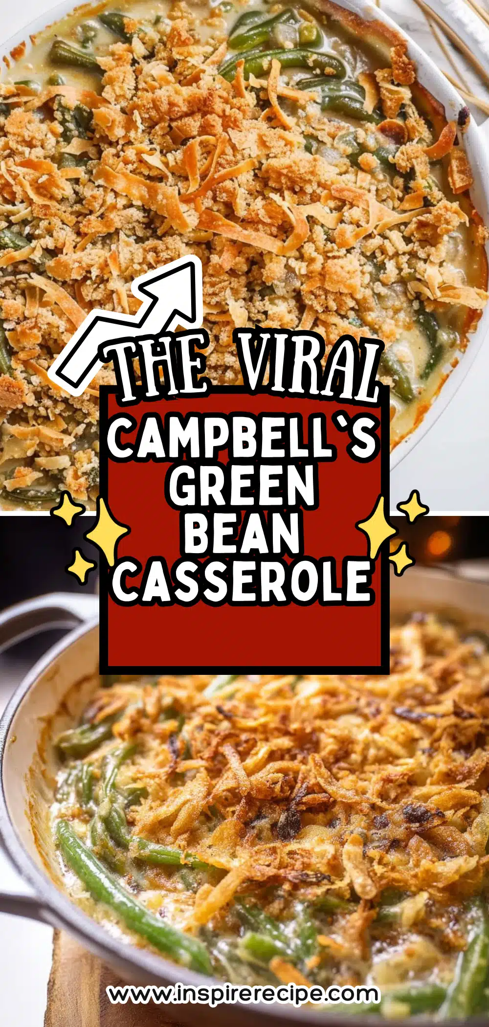 Creamy green bean casserole topped with golden crispy fried onions.