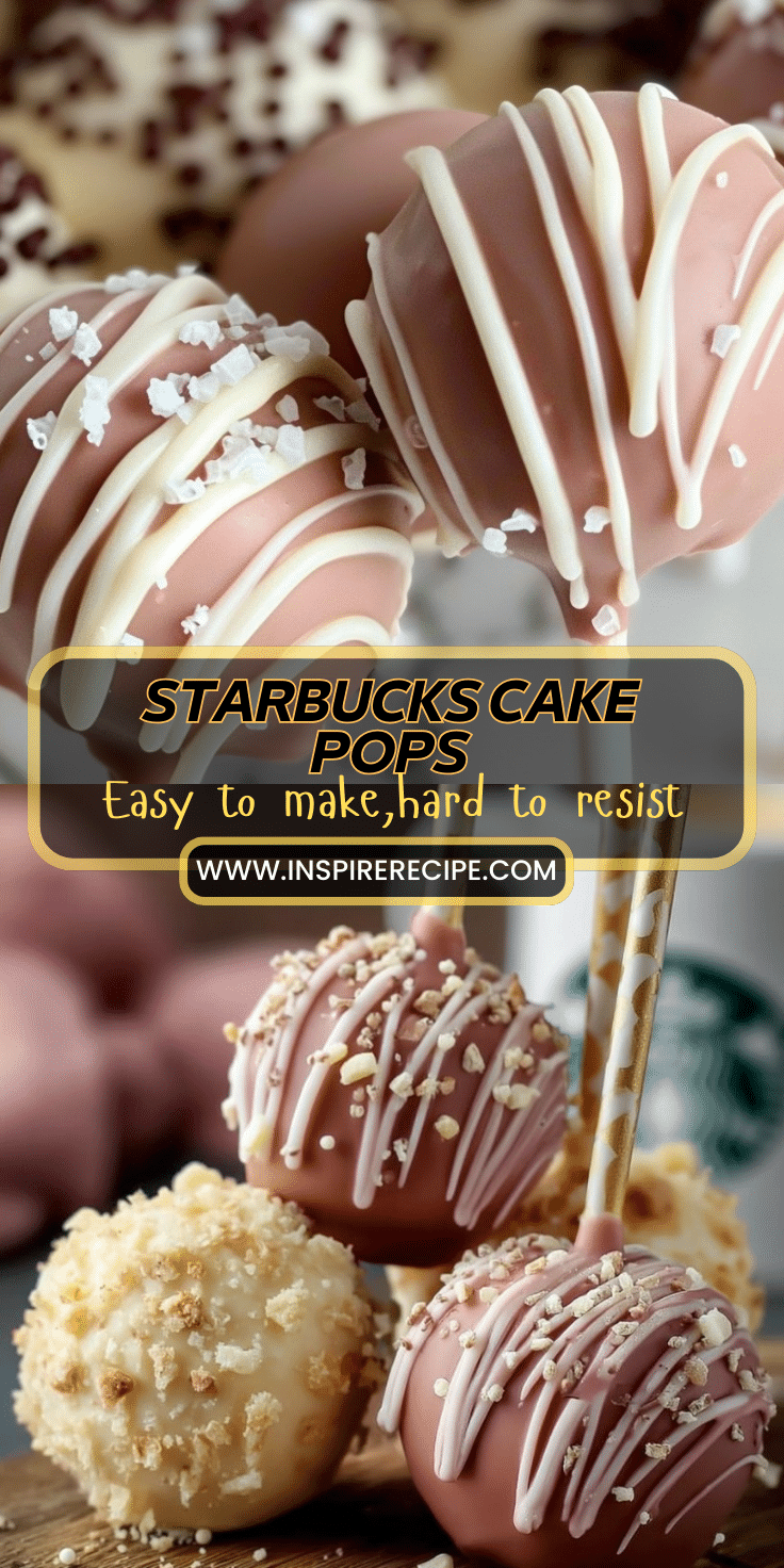 Pink chocolate‑coated cake pops with white drizzle and sprinkles on sticks.