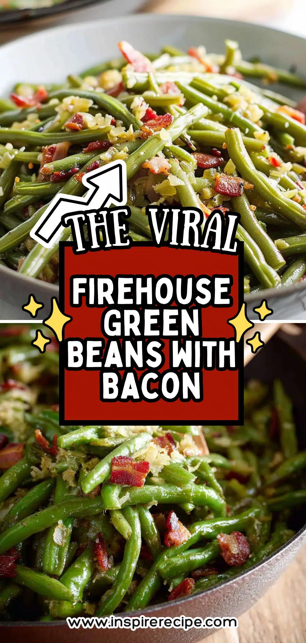 Skillet green beans tossed with crispy bacon, onions, and seasonings.