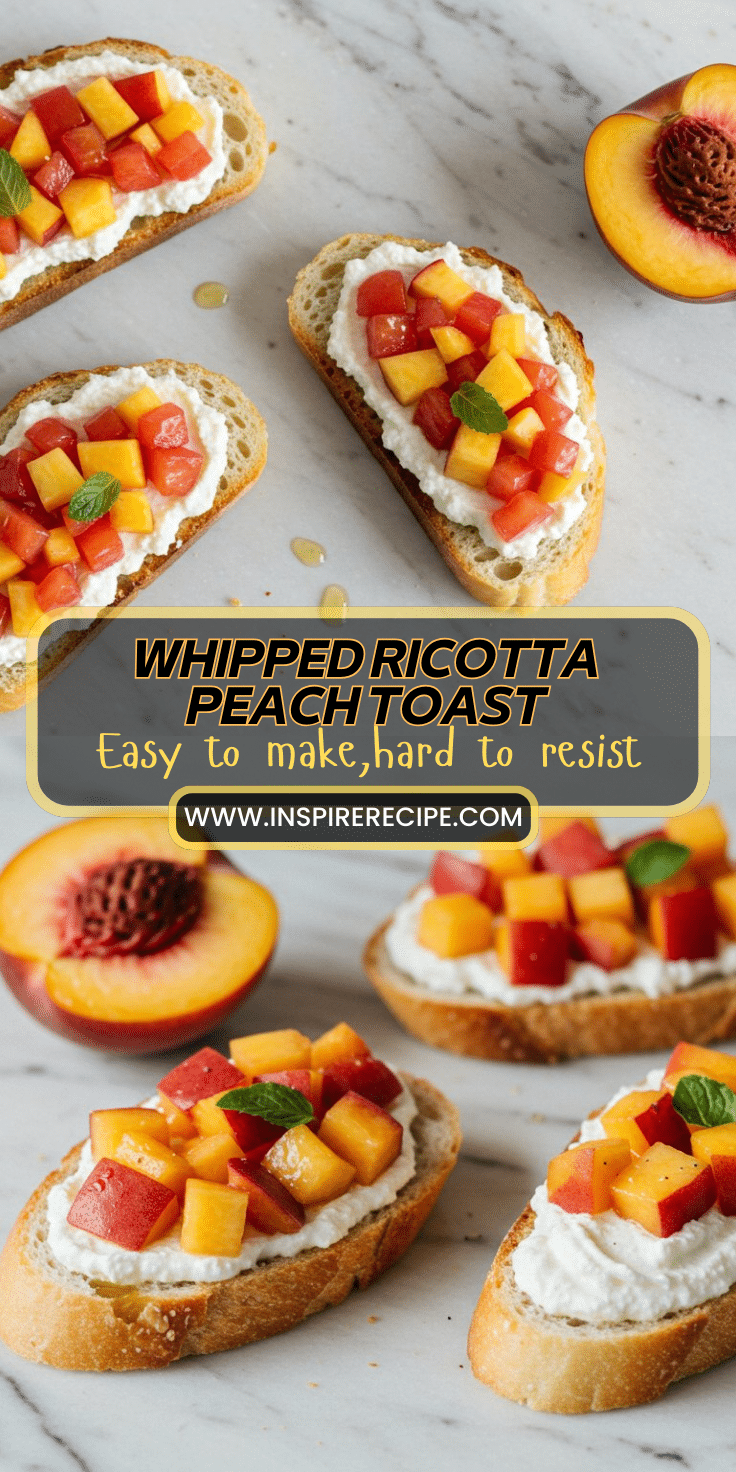 Toasts with whipped ricotta and diced peaches, topped with mint, arranged on marble