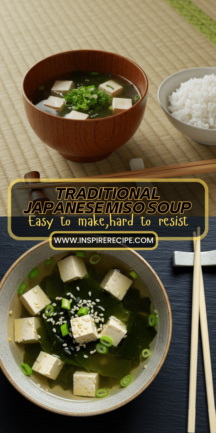 Bowl of traditional Japanese miso soup with tofu, seaweed, green onions, and sesame seeds, alongside a bowl of rice.