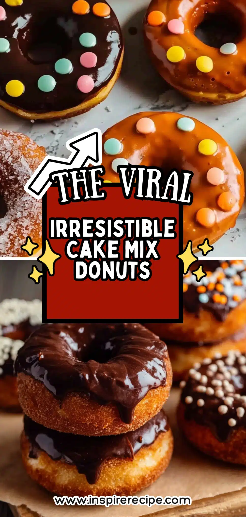 Baked donuts made from cake mix, coated in chocolate glaze and colorful sprinkles, arranged on a plate.