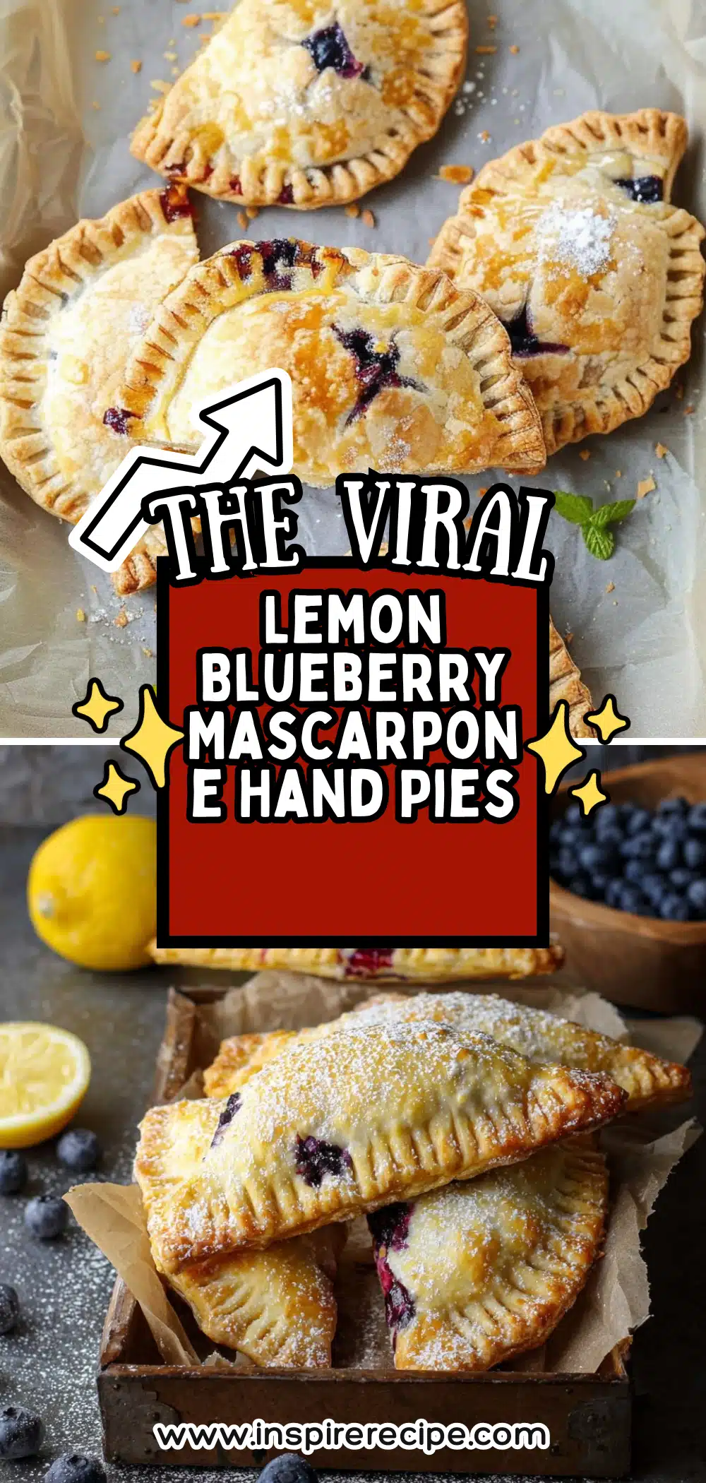 Golden hand pies filled with lemon blueberry mascarpone, dusted with powdered sugar.