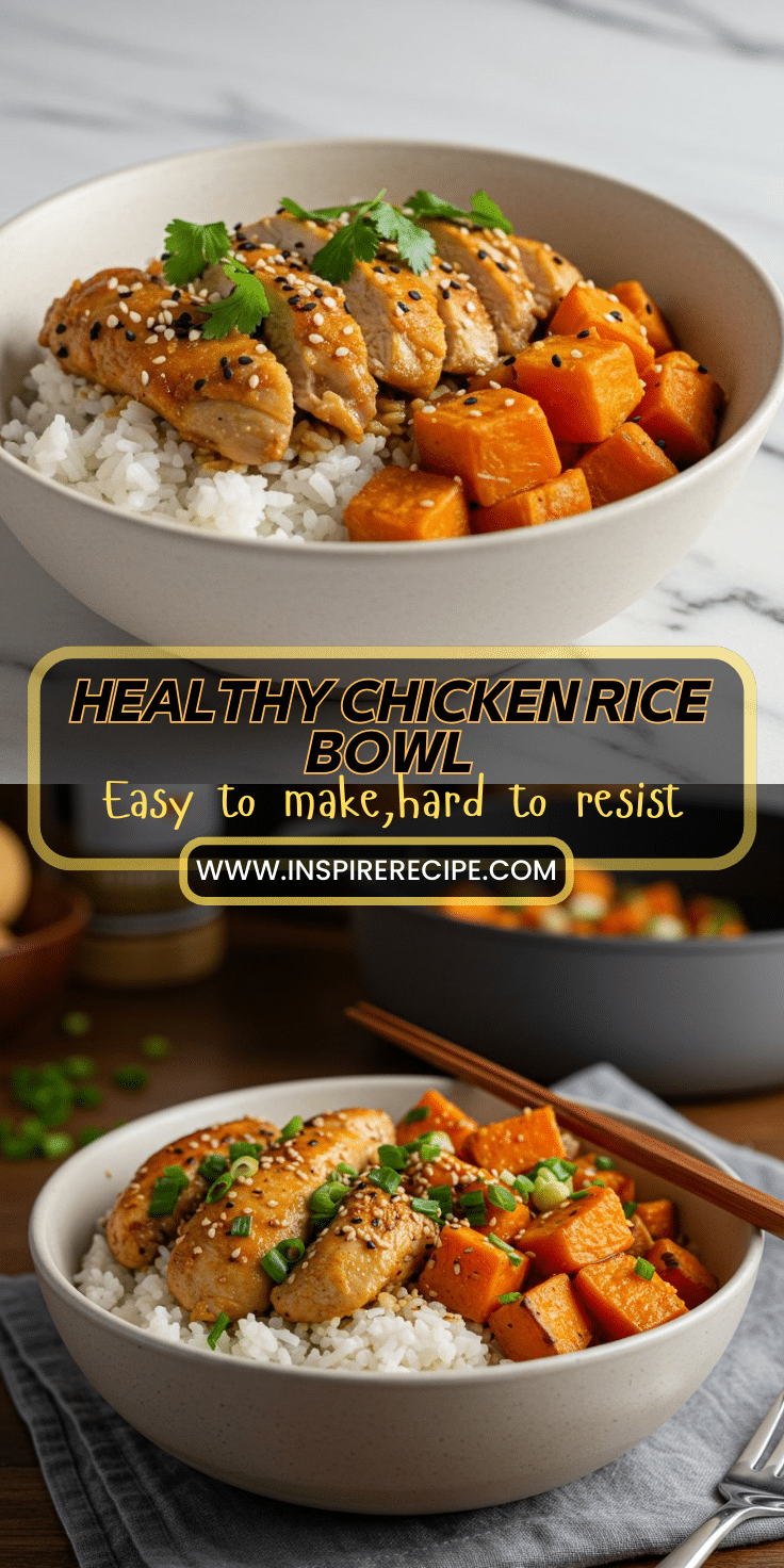 Bowl of rice topped with grilled chicken, roasted sweet potatoes, and cilantro.