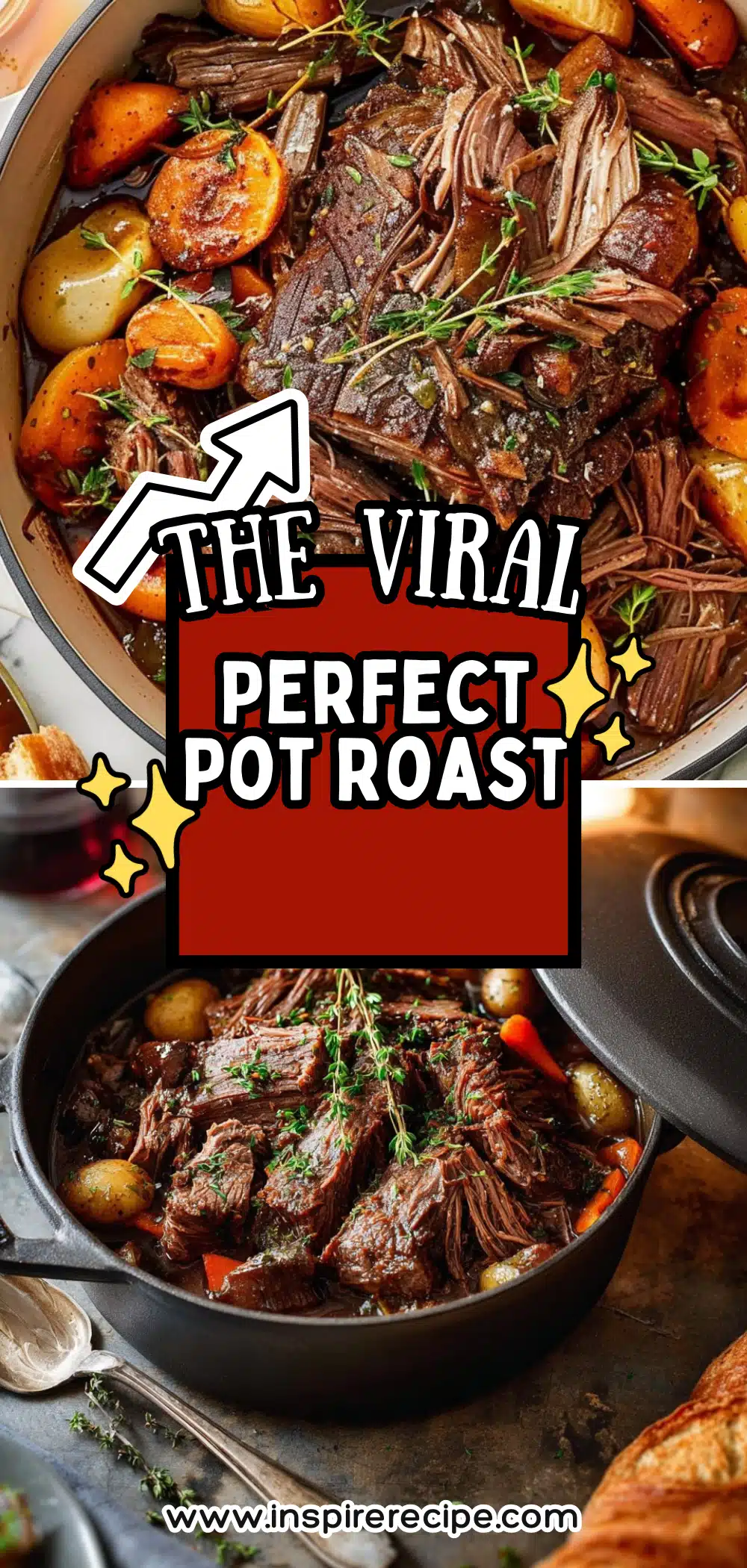 Dutch oven pot roast with tender beef, carrots, potatoes, and fresh herbs in rich gravy.