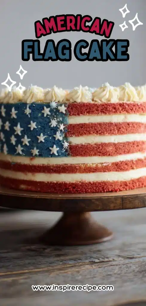 Round layer cake decorated like the American flag with buttercream stars and red-and-white stripes on a cake stand.
